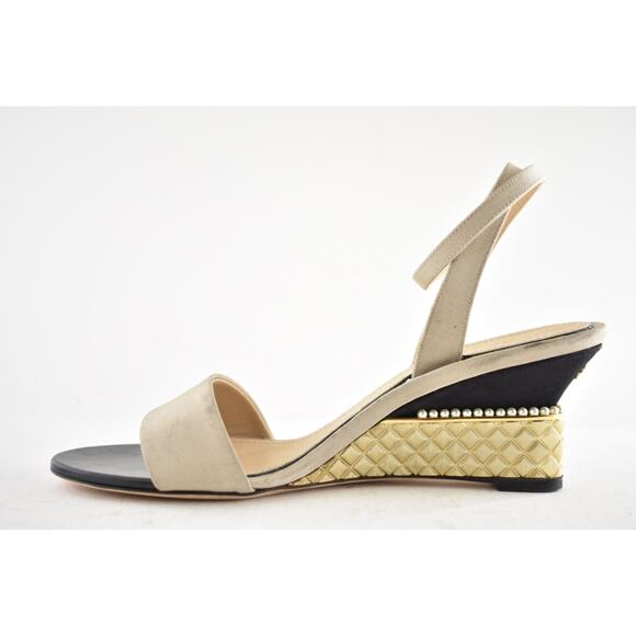 Chanel 17P Beige Grosgrain Pearl CC Logo Ankle Strap Sandals Wedge Heel Pump 37 - Picture 9 of 13